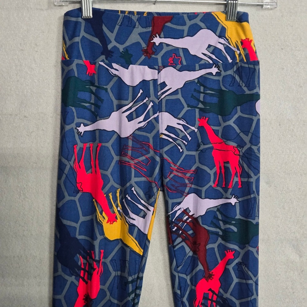 LuLaRoe Giraffe Print Leggings Blue Pink Yellow Animal Pattern One Size OS
